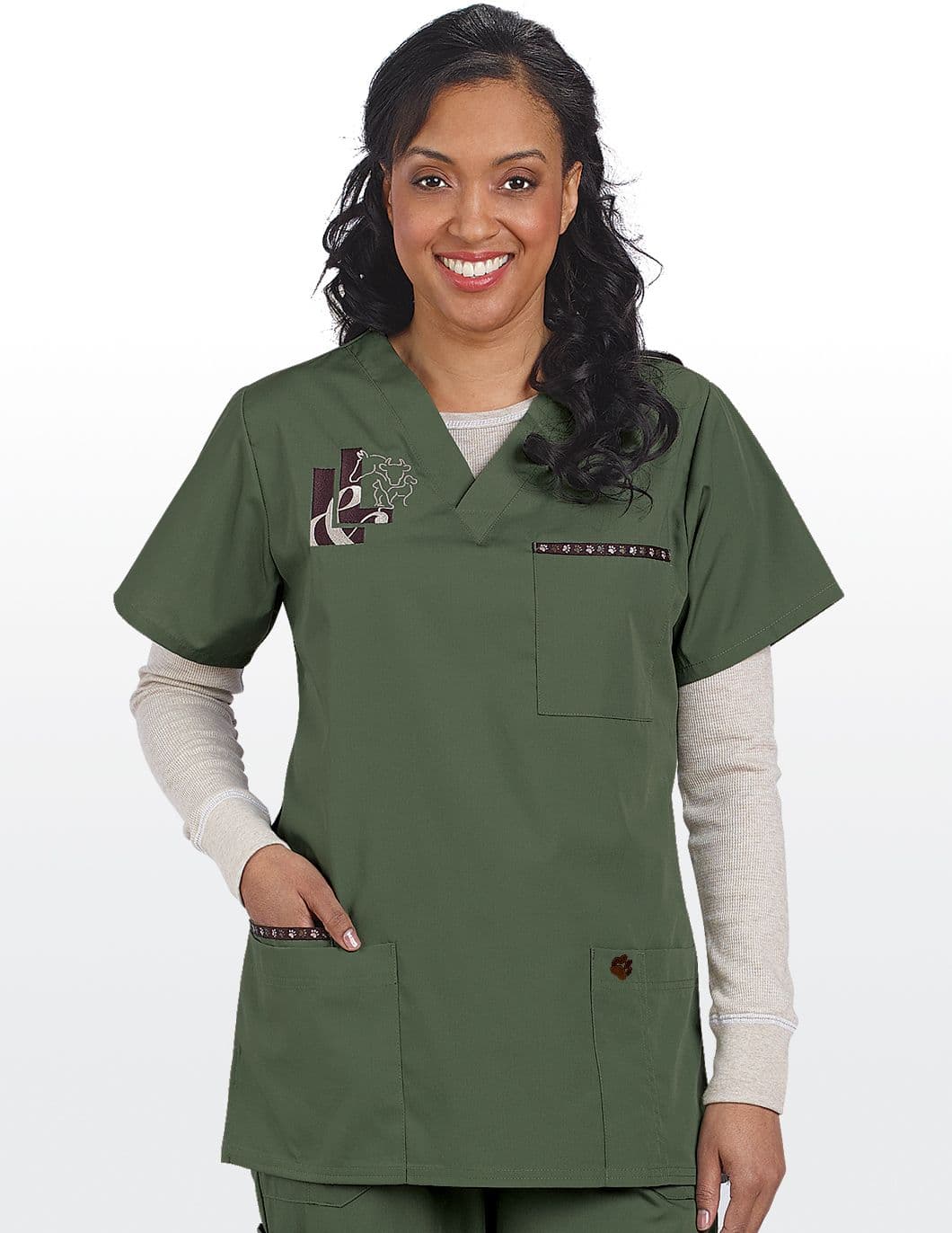 pure-essentials-plus-womens-paw-trim-three-pocket-scrub-top-olive