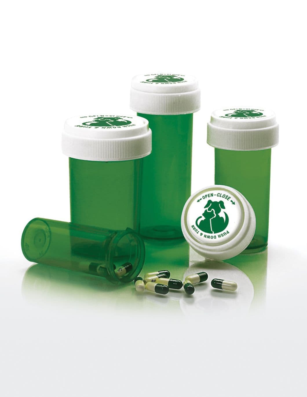 Green Reversible Cap Rx Vials 40 dram/Case Qty 160